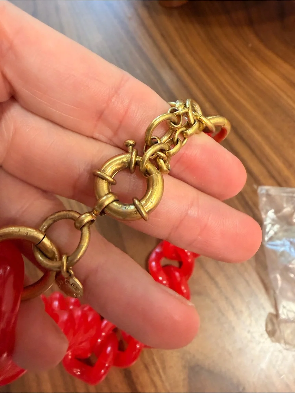 J. Crew Chunky Acrylic Style Necklace W/ Red Links Gold Tone Statement Large